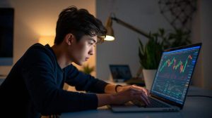 Ilustrasi anak muda Gresik memantau grafik harga Bitcoin di layar laptop sebagai simbol investasi digital.