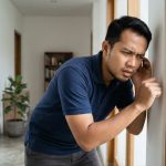 Pria Indonesia sedang mengetuk kusen pintu kayu untuk mengecek tanda rumah diserang rayap berupa kayu yang terdengar kopong