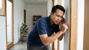 Pria Indonesia sedang mengetuk kusen pintu kayu untuk mengecek tanda rumah diserang rayap berupa kayu yang terdengar kopong