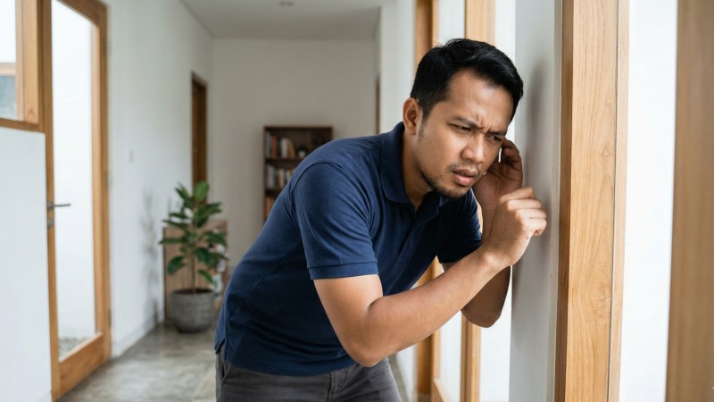 Pria Indonesia sedang mengetuk kusen pintu kayu untuk mengecek tanda rumah diserang rayap berupa kayu yang terdengar kopong