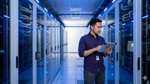 Insinyur IT sedang mengecek server di fasilitas colocation Indonesia untuk infrastruktur hybrid.