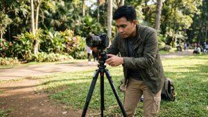 Fotografer pria Indonesia sedang mengatur presisi ball head pada Tripod Benro yang menopang kamera mirrorless untuk kebutuhan konten outdoor.