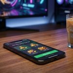 Proses melakukan top up chip game online menggunakan smartphone di atas meja kerja yang modern.