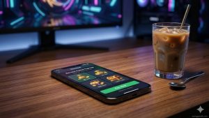 Proses melakukan top up chip game online menggunakan smartphone di atas meja kerja yang modern.
