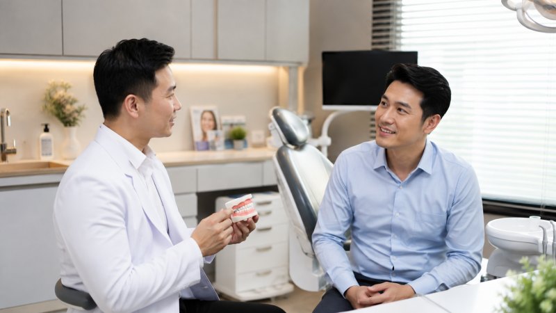 Pasien berkonsultasi dengan dokter gigi mengenai pilihan veneer.