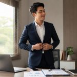 Profesional muda mempersiapkan penampilan dan materi sebelum meeting.