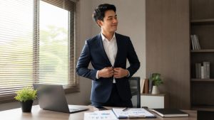 Profesional muda mempersiapkan penampilan dan materi sebelum meeting.