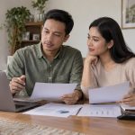Pasangan membahas pilihan jenis asuransi jiwa untuk perlindungan keluarga.
