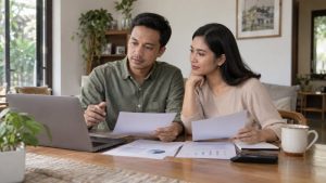 Pasangan membahas pilihan jenis asuransi jiwa untuk perlindungan keluarga.