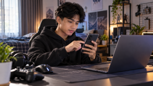 Pengguna melakukan top up game online melalui perangkat digital