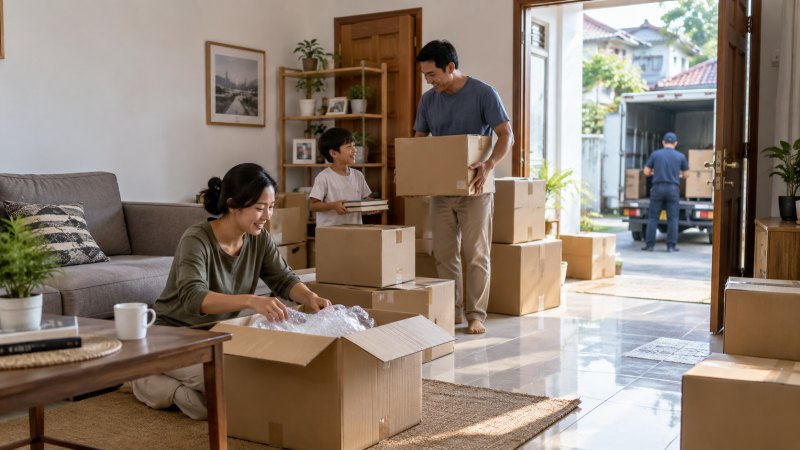 Kardus dan furniture yang sudah disiapkan untuk pindahan rumah.
