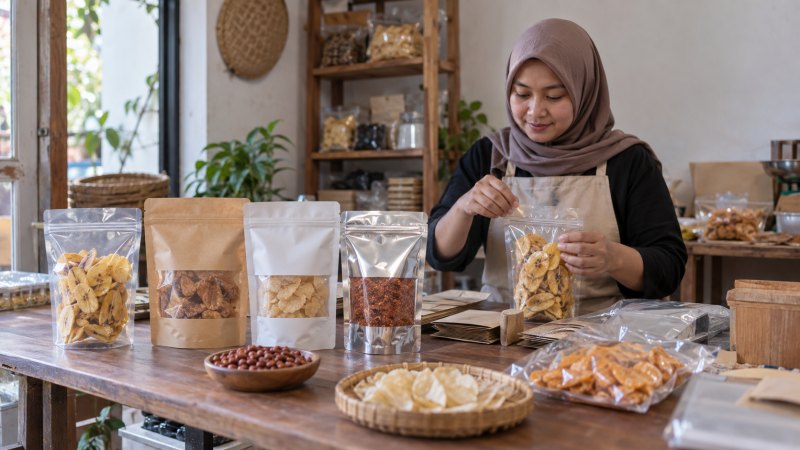Berbagai standing pouch untuk kemasan produk UMKM.