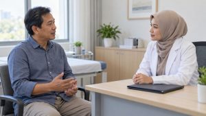 Ilustrasi konsultasi non-darurat tentang ciri ciri sakit jantung antara pria dan dokter.